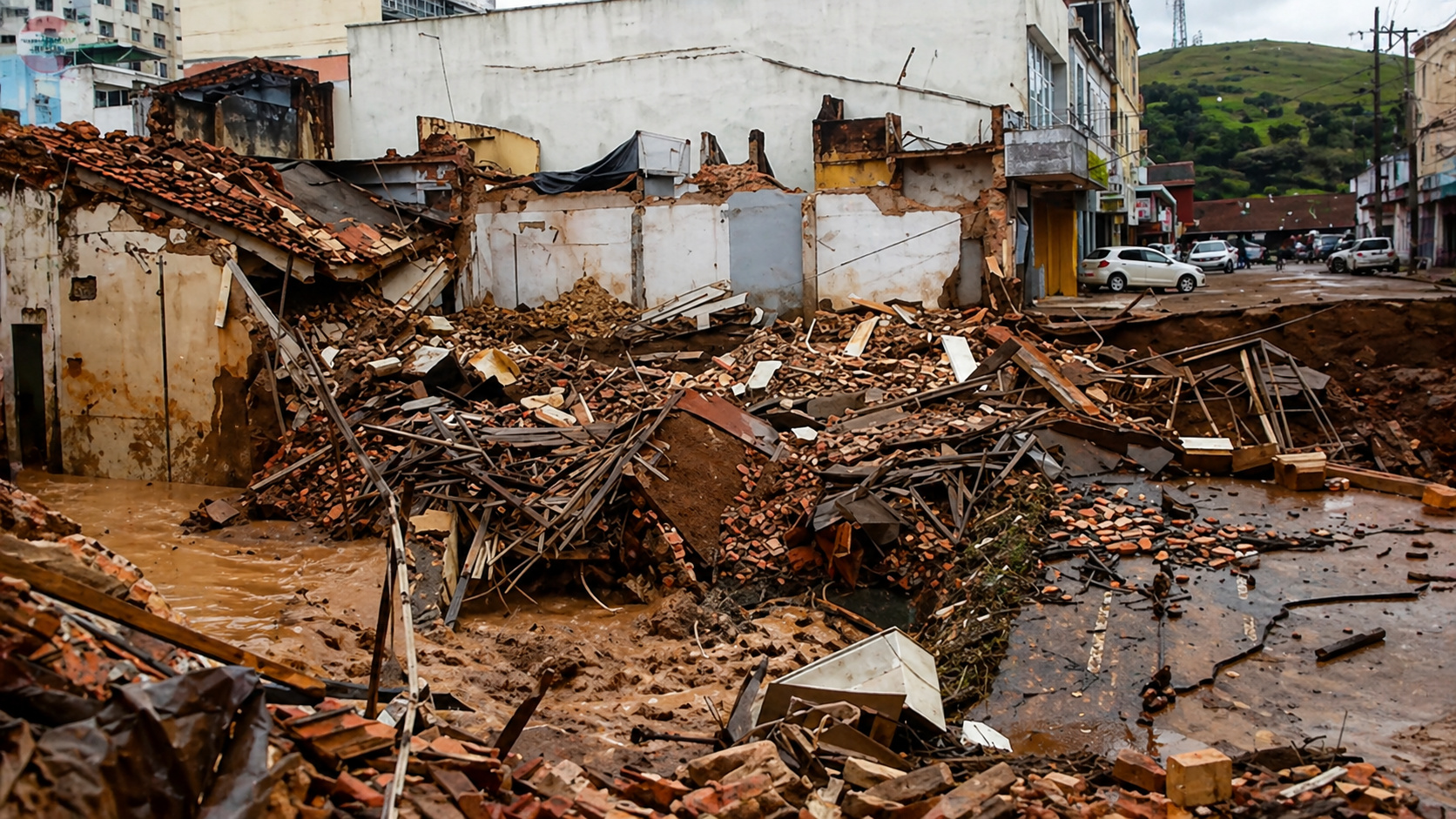 Enchente em cidade brasileira mostrando impacto ambiental da urbanização
